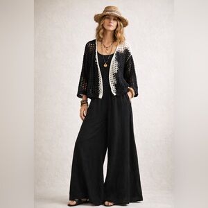 MOYURU Cropped Crochet Open Knit Cardigan, Black & White, Lagenlook, Boho, L